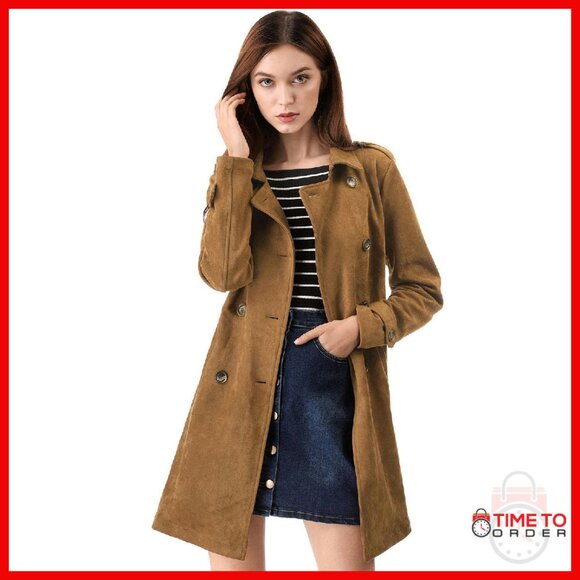 Faux Suede Trench Coat with Belt, Double Breasted, Notched Lapel